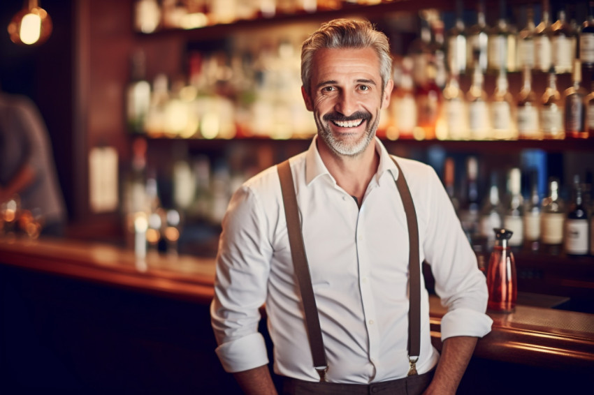 Cheerful bar manager greets customers with a warm smile on blurred background Cheerful bar manager greets customers with a warm smile on blurred background