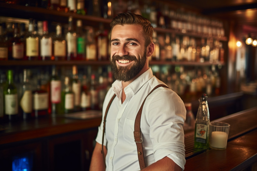 Cheerful bar manager greets customers with a warm smile on blurred background Cheerful bar manager greets customers with a warm smile on blurred background