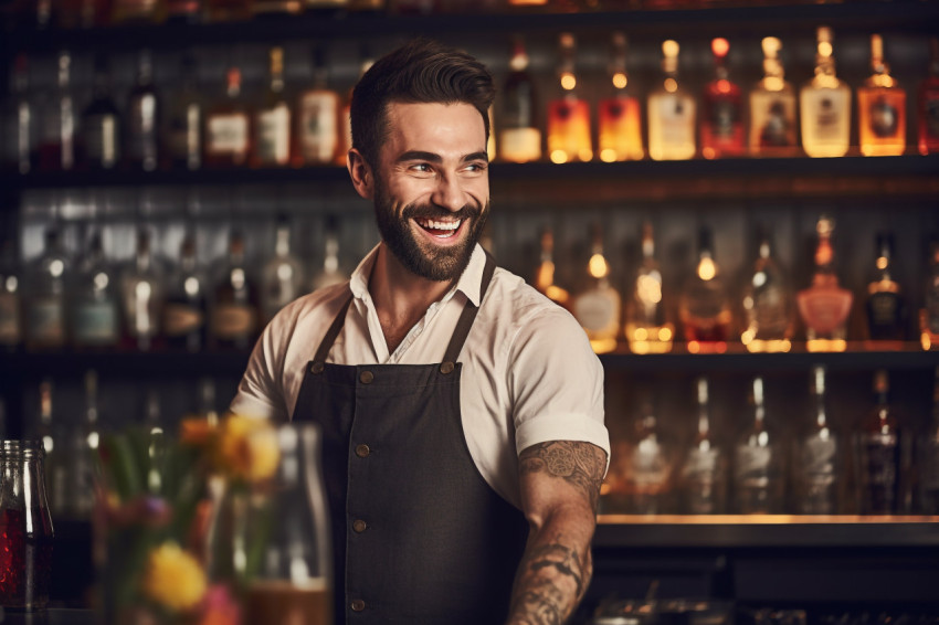 Cheerful bartender mixing drinks with a welcoming smile on blurred background Cheerful bartender mixing drinks with a welcoming smile on blurred background