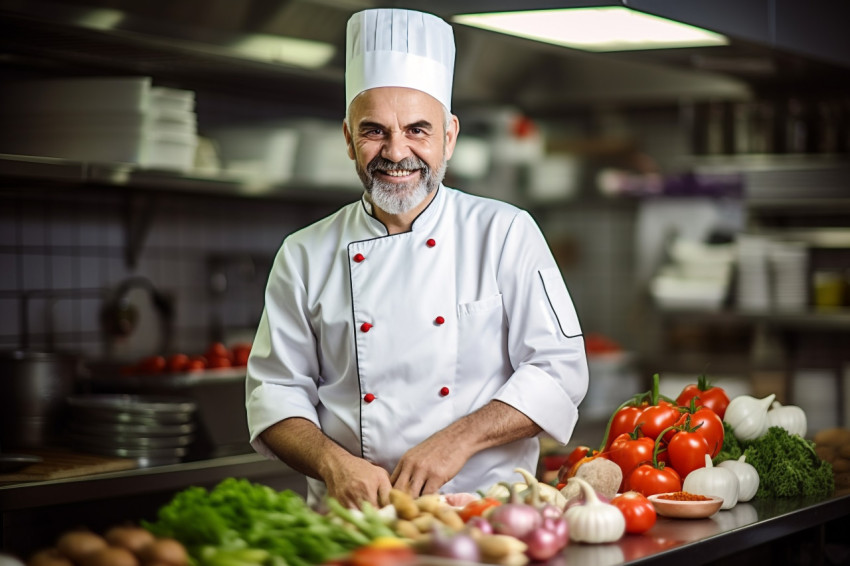 Enthusiastic male chef preparing food against on blurred background Enthusiastic male chef preparing food against on blurred background