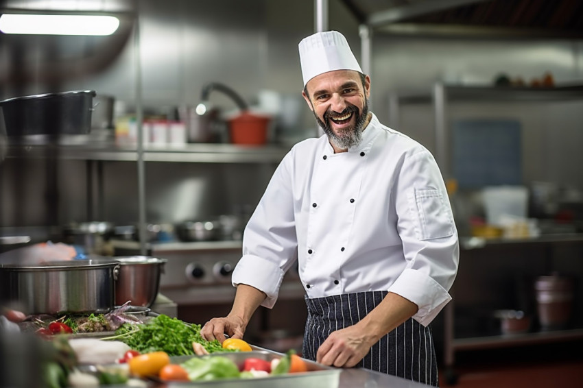 Enthusiastic male chef preparing food against on blurred background Enthusiastic male chef preparing food against on blurred background