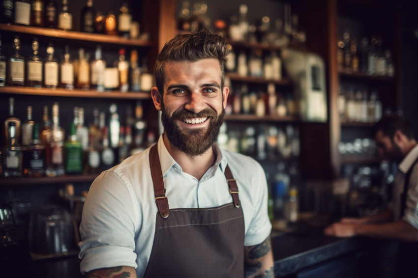 Cheerful bartender mixing drinks with a welcoming smile on blurred background Cheerful bartender mixing drinks with a welcoming smile on blurred background