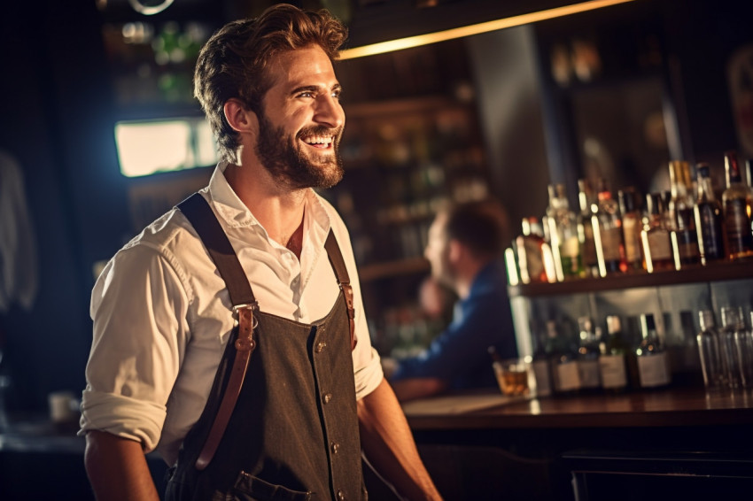 Cheerful bartender mixing drinks with a welcoming smile on blurred background Cheerful bartender mixing drinks with a welcoming smile on blurred background