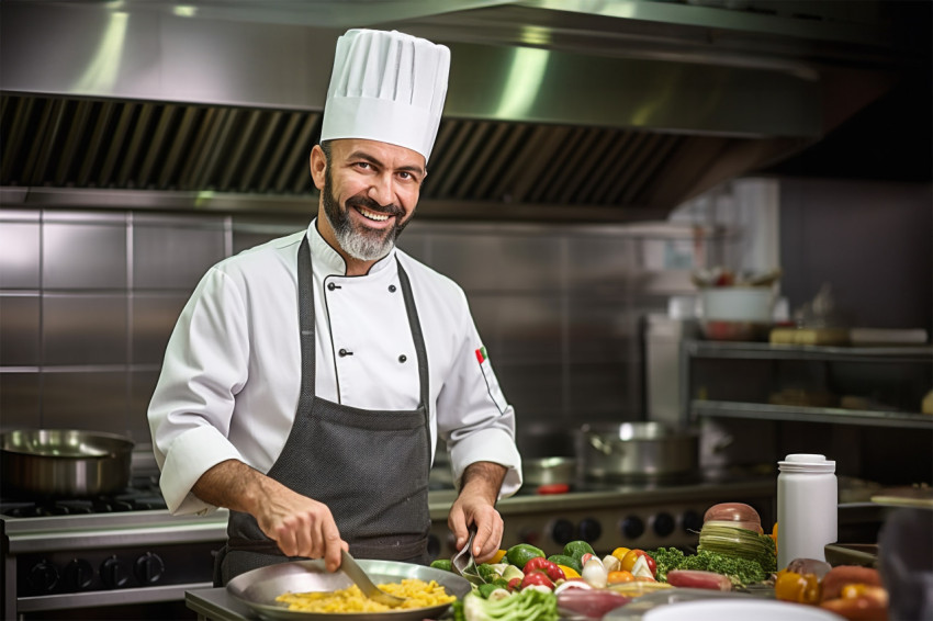Enthusiastic male chef preparing food against on blurred background Enthusiastic male chef preparing food against on blurred background