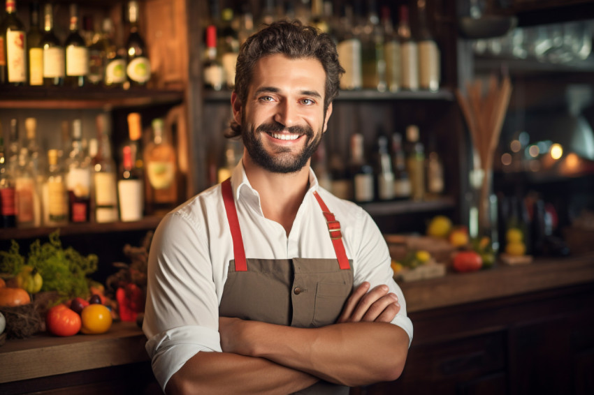 Cheerful bartender mixing drinks with a welcoming smile on blurred background Cheerful bartender mixing drinks with a welcoming smile on blurred background