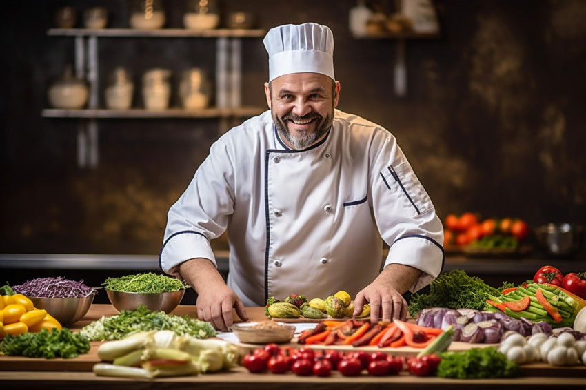 Enthusiastic male chef preparing food against on blurred background Enthusiastic male chef preparing food against on blurred background