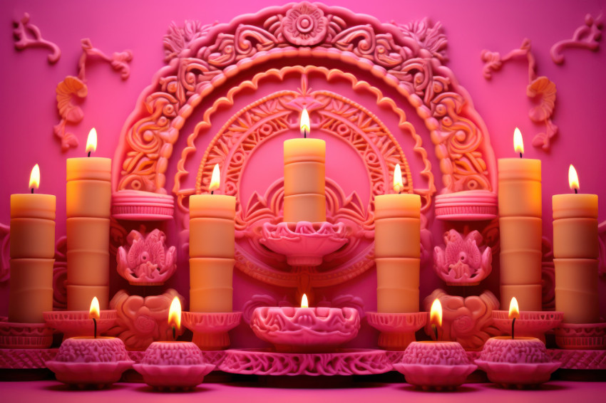 Diwali candles glowing on a pink background Diwali candles glowing on a pink background