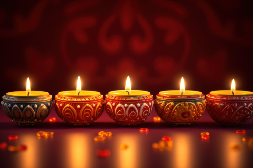 Diya candles glowing in a row against a creative backdrop Diya candles glowing in a row against a creative backdrop