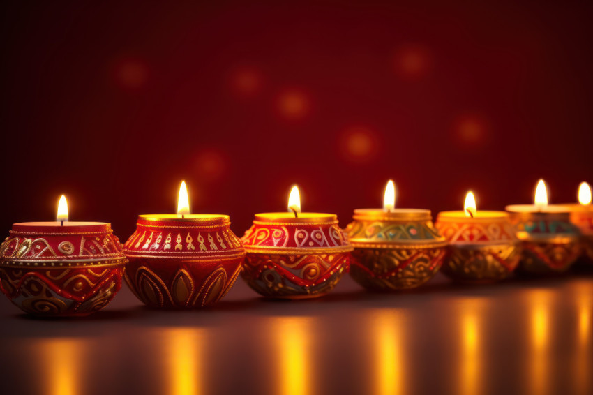 Diya candles glowing in a row against a creative backdrop Diya candles glowing in a row against a creative backdrop
