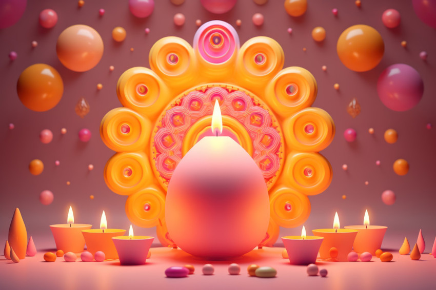 Festive Diwali diya and lamp glowing amidst colorful lights and candles Festive Diwali diya and lamp glowing amidst colorful lights and candles