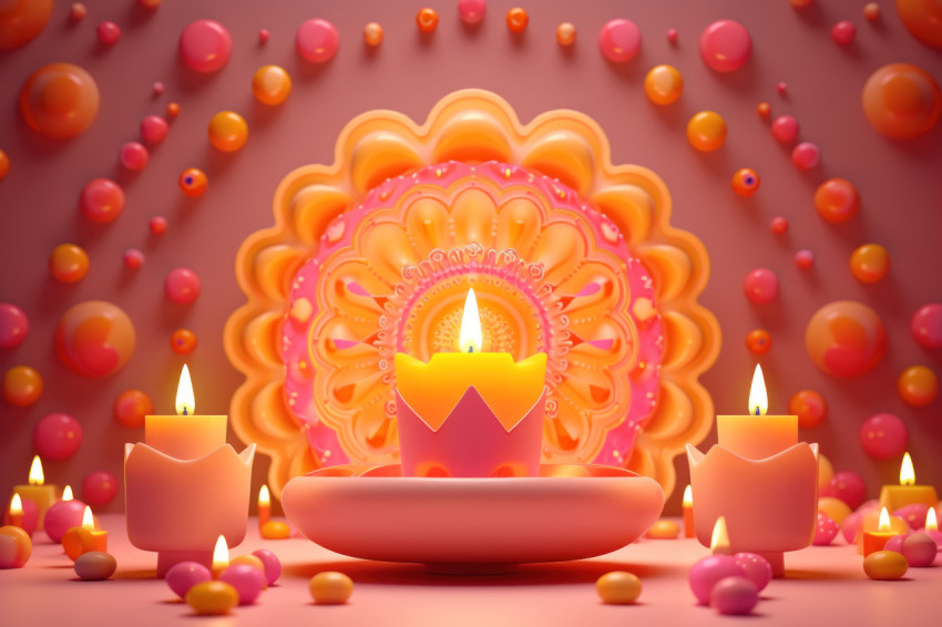 Festive Diwali diya and lamp glowing amidst colorful lights and candles Festive Diwali diya and lamp glowing amidst colorful lights and candles