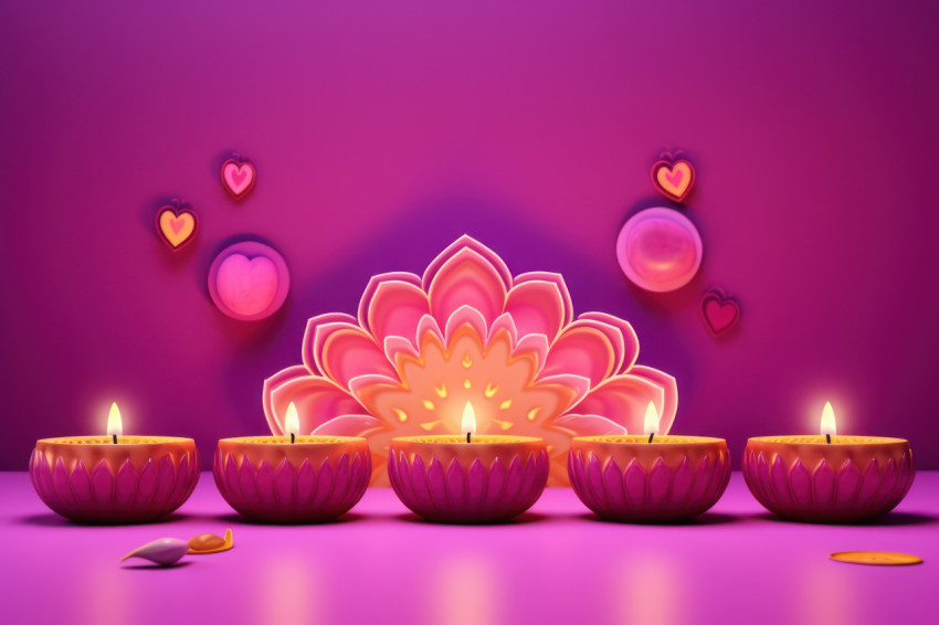 Five vibrant diyas glowing against a soft pink backdrop Five vibrant diyas glowing against a soft pink backdrop