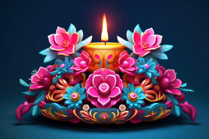 Diya oil lamp in flower arrangement 3D model Diya oil lamp in flower arrangement 3D model