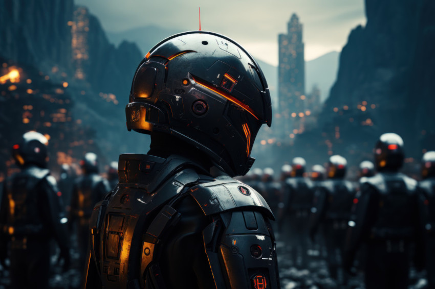 Advanced protection robotic police defending the futuristic city Advanced protection robotic police defending the futuristic city