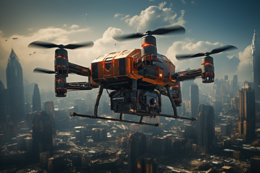 Futuristic drone logistics package deliveries above urban landsc Futuristic drone logistics package deliveries above urban landsc