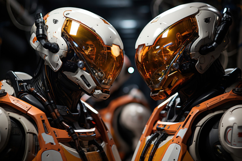 Robotic assistants in space collaborating with astronauts, futur Robotic assistants in space collaborating with astronauts, futur