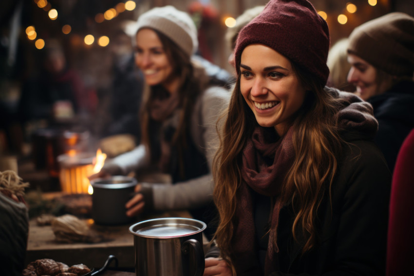 A joyful friends in winter attire navigate a charming farmer mar A joyful friends in winter attire navigate a charming farmer mar
