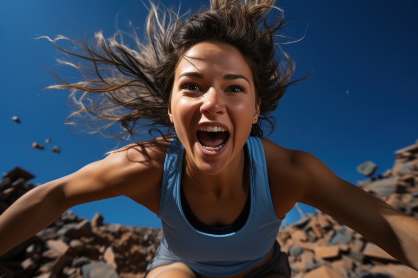 A female runner gracefully jumps over an obstacle in an obstacle