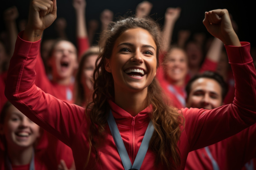 Female runner triumphantly receives medal on podium amid cheerin