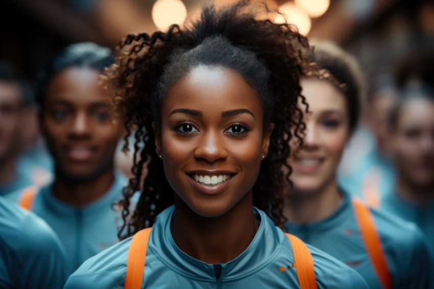 Synchronized strides of mixed athletes highlighting beauty, runn Synchronized strides of mixed athletes highlighting beauty, runn