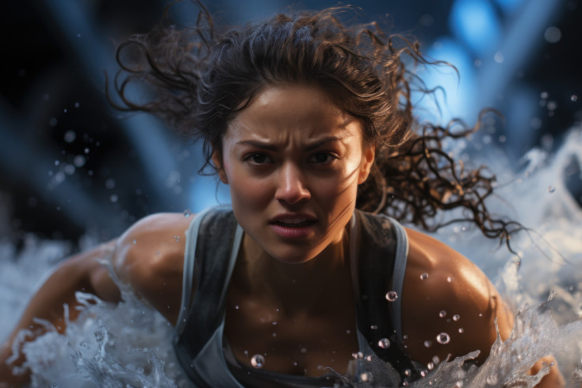Action packed scene as female runner takes on the racing aquatic