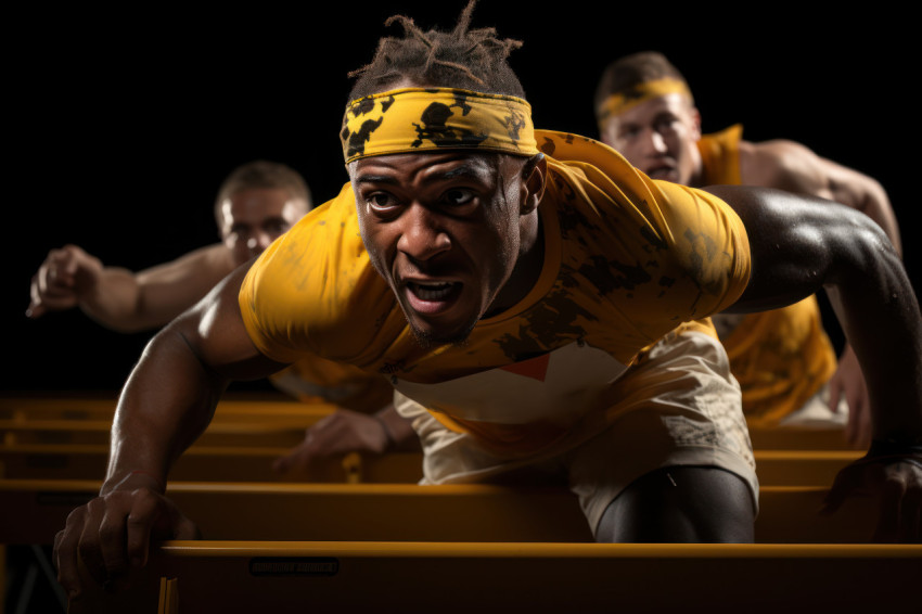 Athletes showcase mid air agility in hurdle racing, runner image