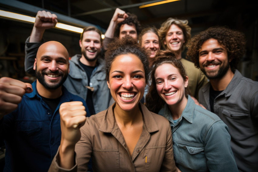 Team strikes victory pose in front of successfully completed project