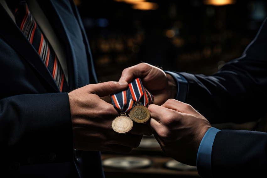 Medals shine in congratulatory handshake between employees