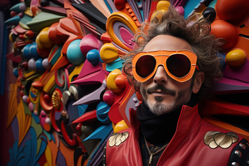 Midnight man in carnival mask amidst carnival park Midnight man in carnival mask amidst carnival park