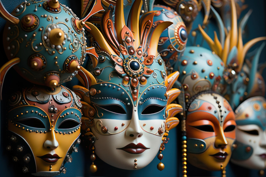 Artistic arrangement showcasing venetian mask diversity Artistic arrangement showcasing venetian mask diversity