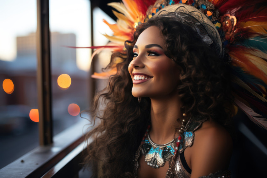 Woman in carnival mask cherishing rooftop romance Woman in carnival mask cherishing rooftop romance
