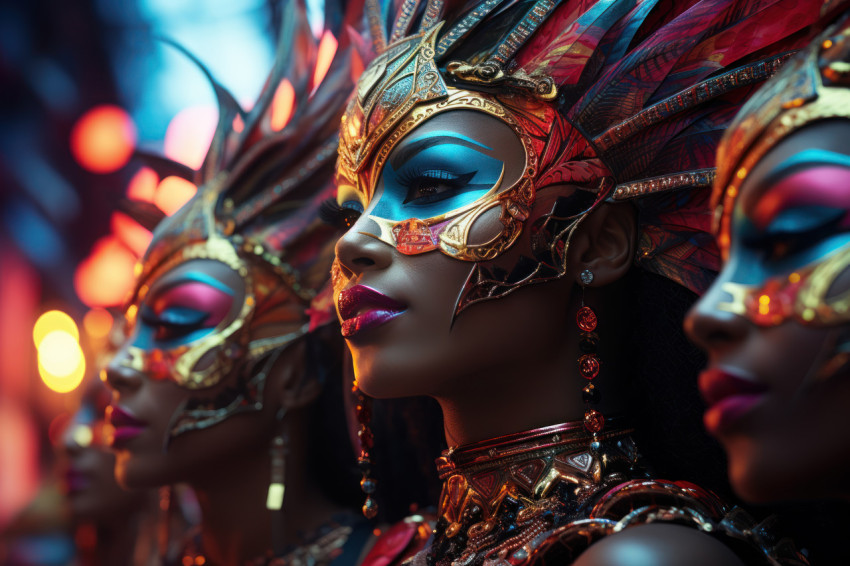 Glow carnival neon lights illuminate masked celebrants