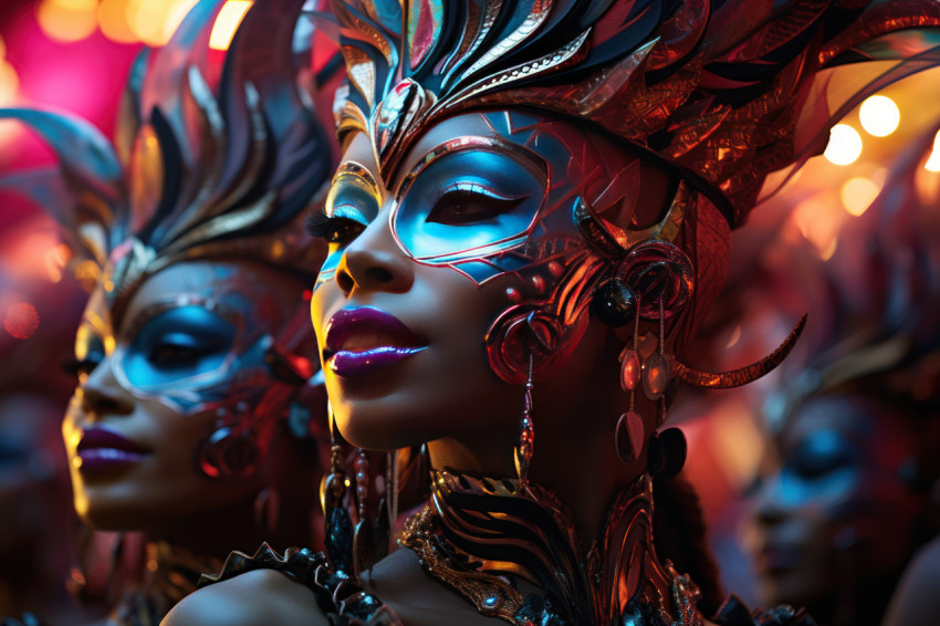 Night carnival neon lights enhance masked celebrations