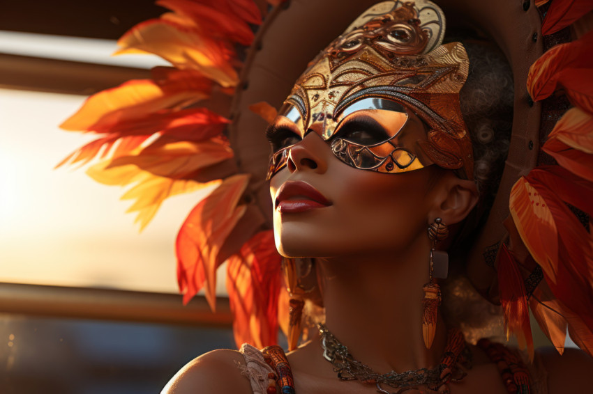 Serene carnival moment masked woman on evening swing Serene carnival moment masked woman on evening swing