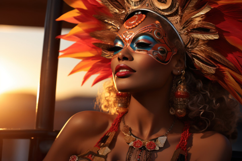 Carnival scene sunset swing with masked woman Carnival scene sunset swing with masked woman