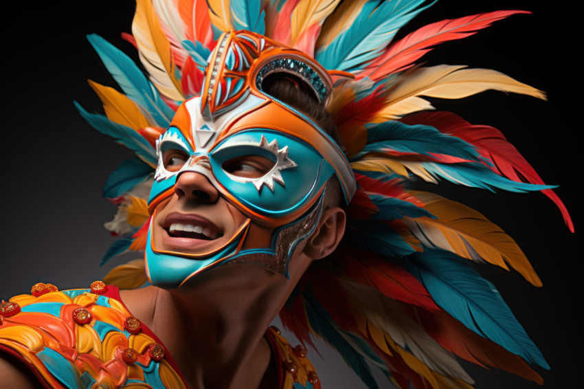 Carnival stride man in aerodynamic mask in dynamic run Carnival stride man in aerodynamic mask in dynamic run