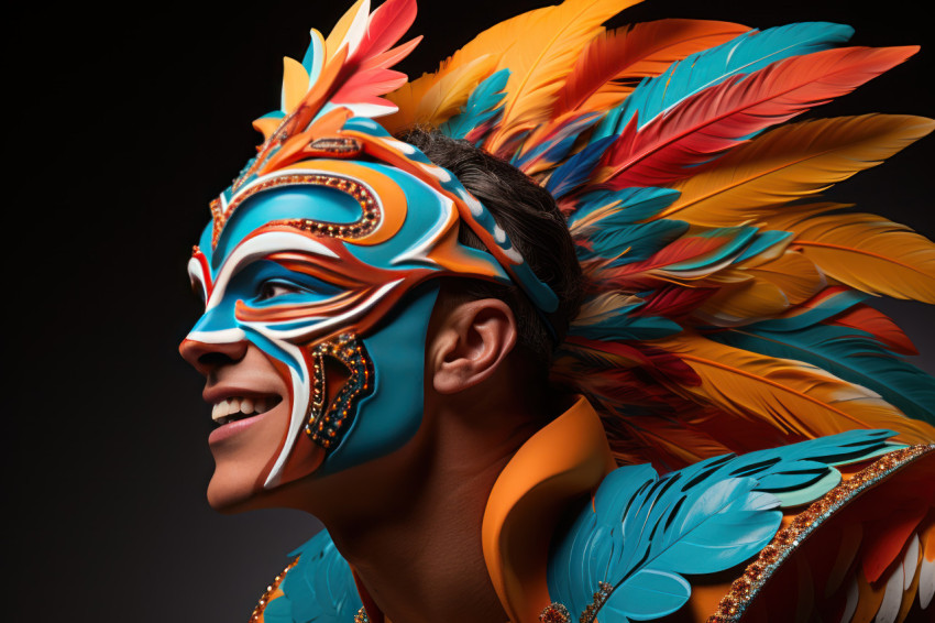 Elegance carnival masked man in a dynamic sprint Elegance carnival masked man in a dynamic sprint