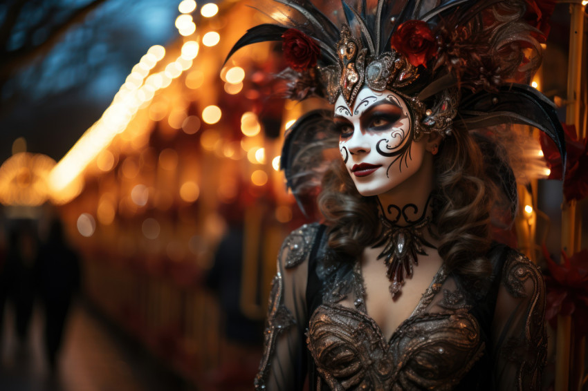Masked midnight wanderlust woman in carnival park Masked midnight wanderlust woman in carnival park