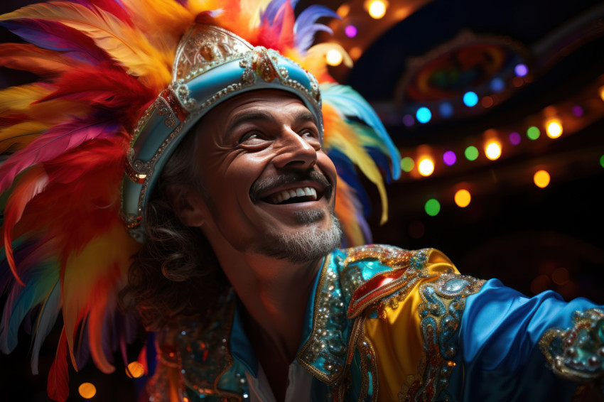 Dynamic carnival scene man in mask amidst spinning colors
