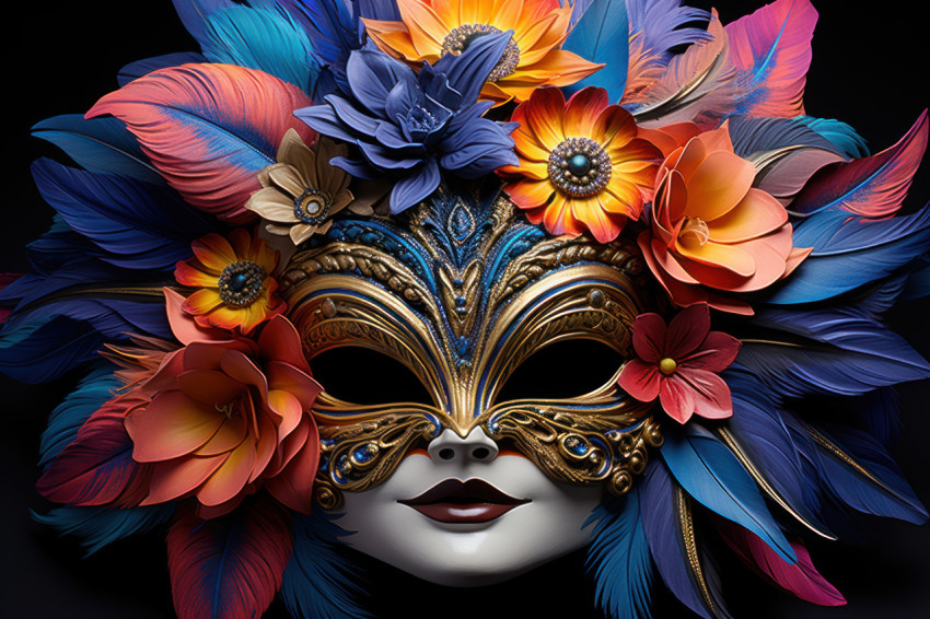 Vibrant feathered mask in close up view Vibrant feathered mask in close up view