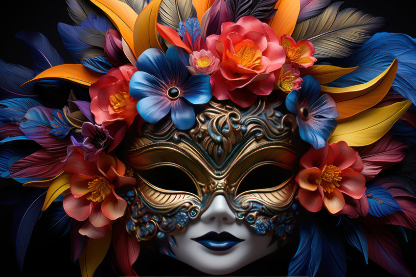 Colorful intricacy vibrant feathers on mask in close up Colorful intricacy vibrant feathers on mask in close up