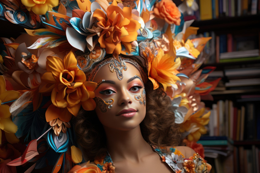 Literary carnival nook masked woman engrossed in carnival worlds Literary carnival nook masked woman engrossed in carnival worlds