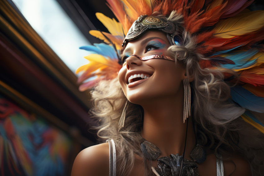 Carnival attendees in vibrant winged costumes Carnival attendees in vibrant winged costumes