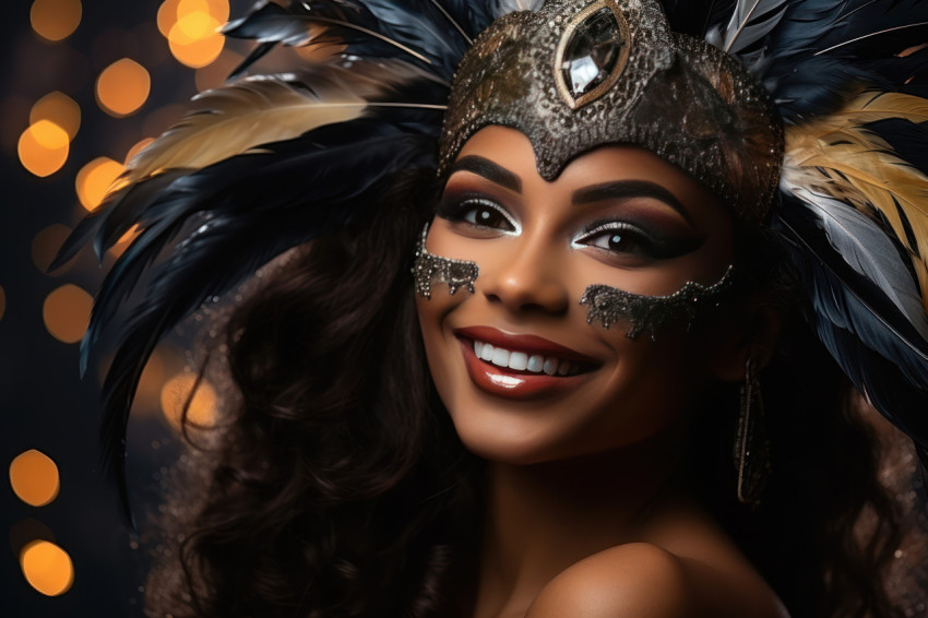 Feathered elegance woman shines in glittering carnival mask Feathered elegance woman shines in glittering carnival mask
