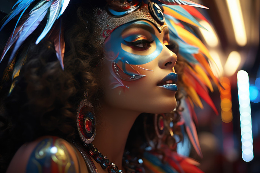 Enigmatic mask amidst carnival reflections Enigmatic mask amidst carnival reflections