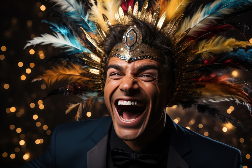 Explosive carnival masked man amidst dazzling fireworks Explosive carnival masked man amidst dazzling fireworks