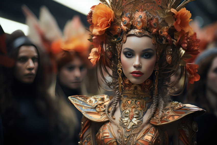 Attendees in luxurious gold accented costumes