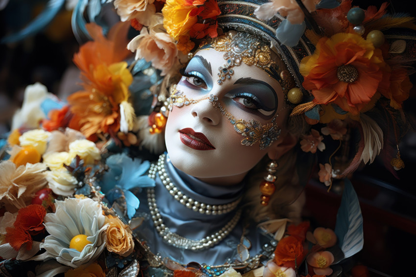 Bustling carnival bazaar masks fabrics and trinkets Bustling carnival bazaar masks fabrics and trinkets