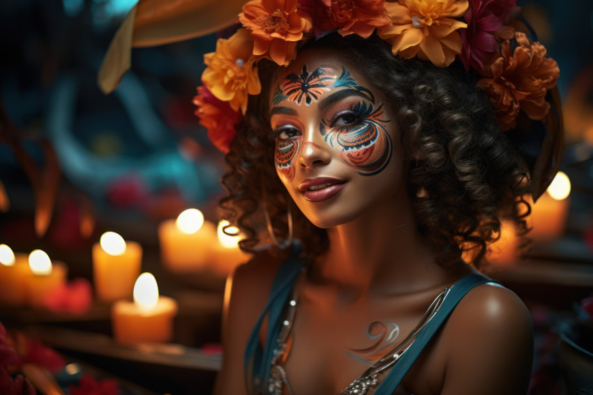 Woman immersed in carnival pond amid lanterns Woman immersed in carnival pond amid lanterns