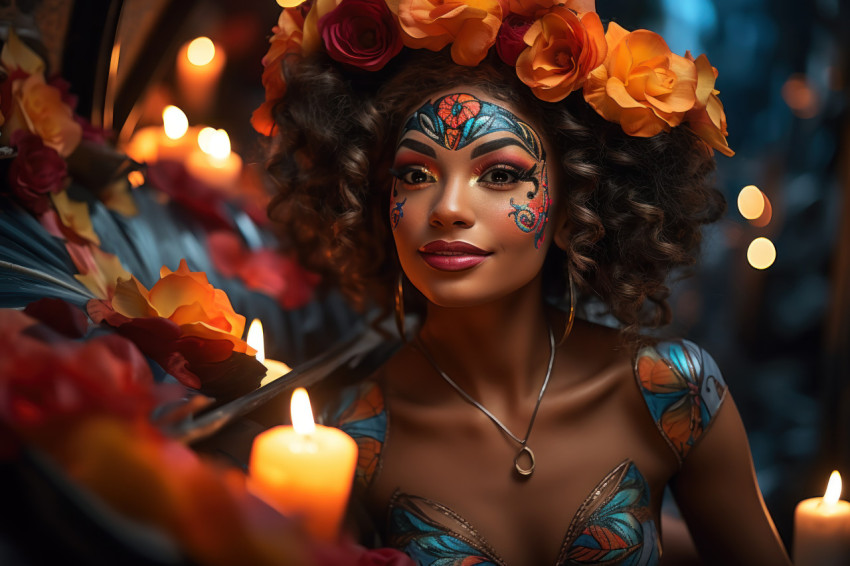 Enchanted carnival pond woman embraces festive delights in mask Enchanted carnival pond woman embraces festive delights in mask